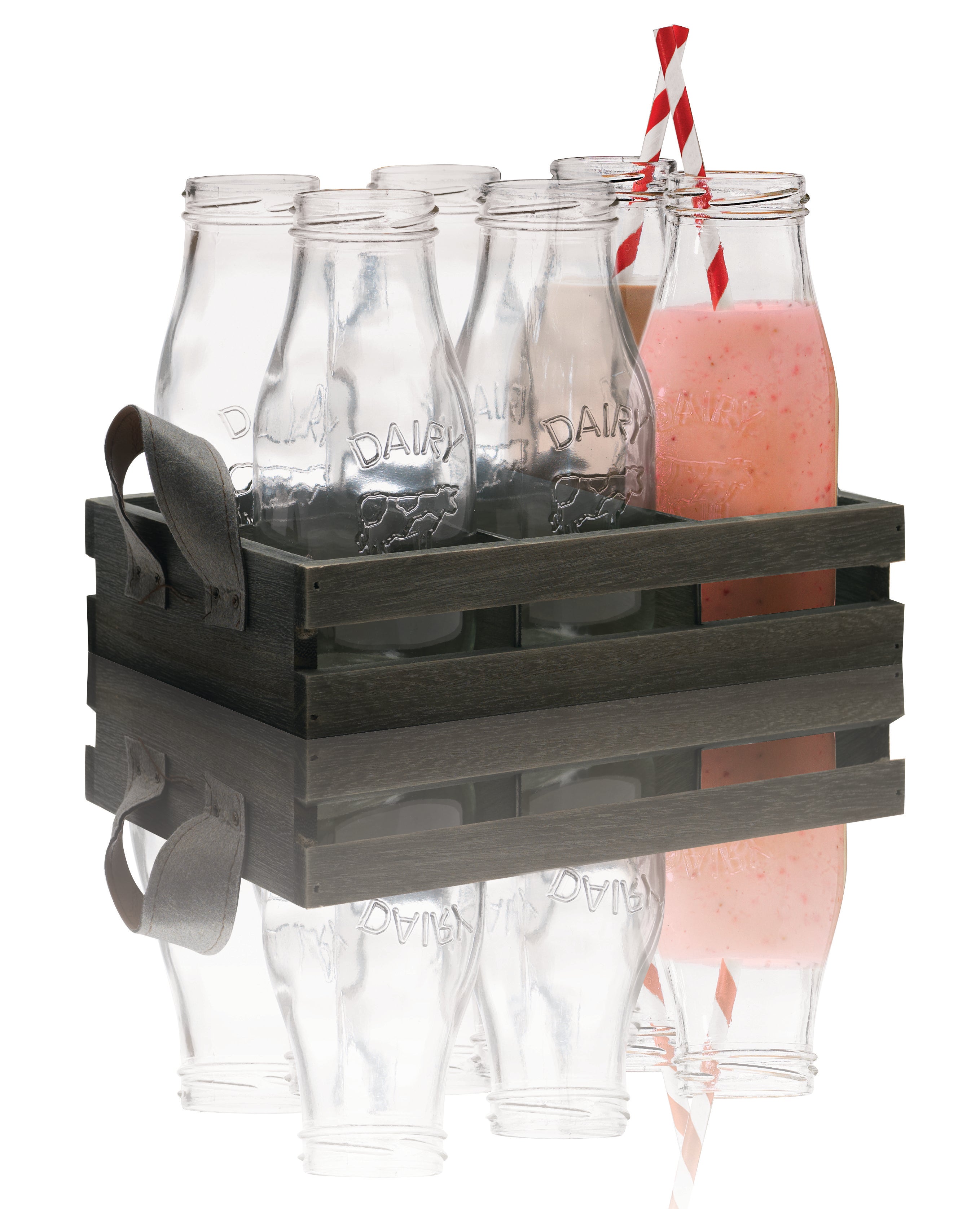 Avanti Glass Milk Bottle 325ml Set of 6 with Wooden Tray