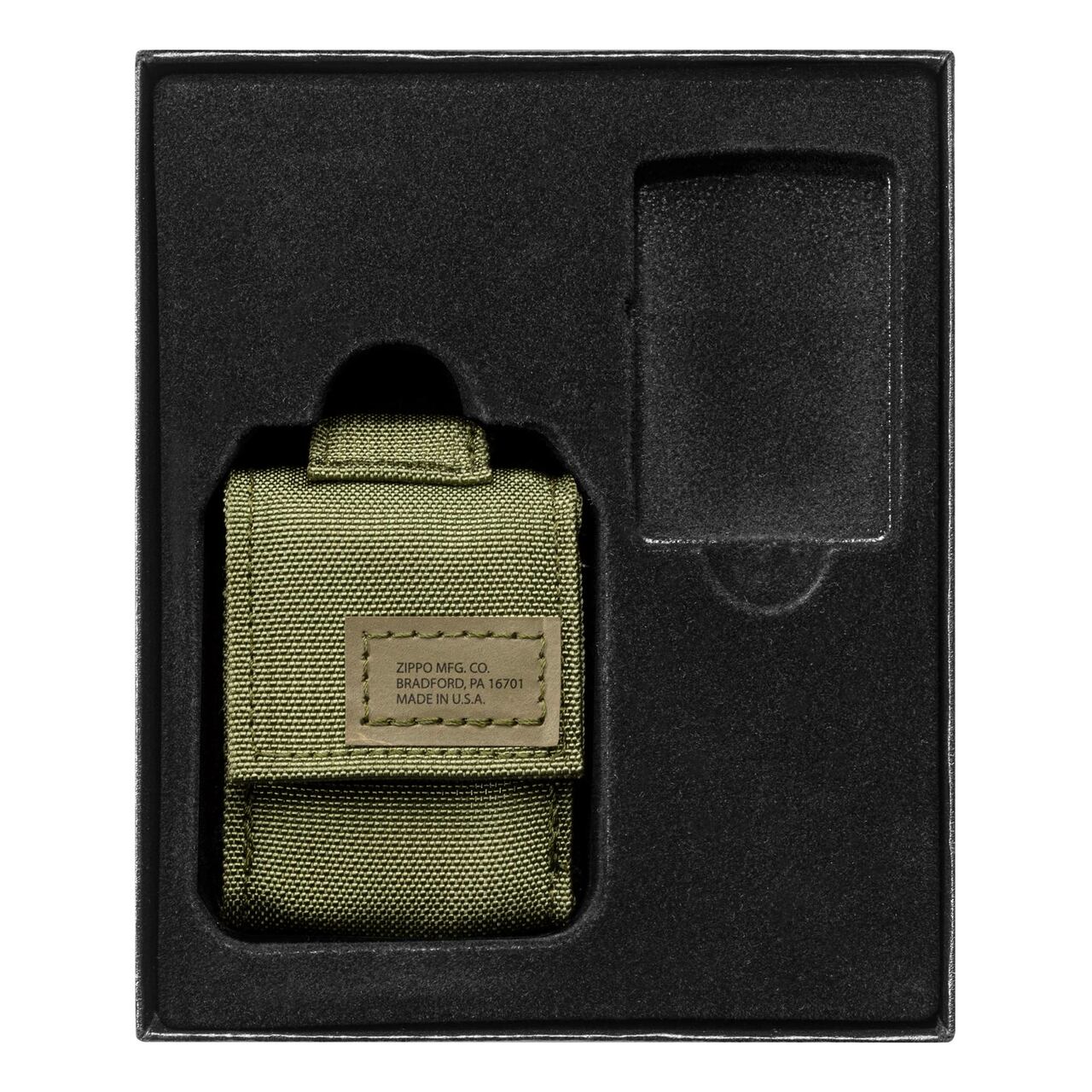 Zippo Black Crackle Windproof Lighter And Green Tactical Pouch Gift Set