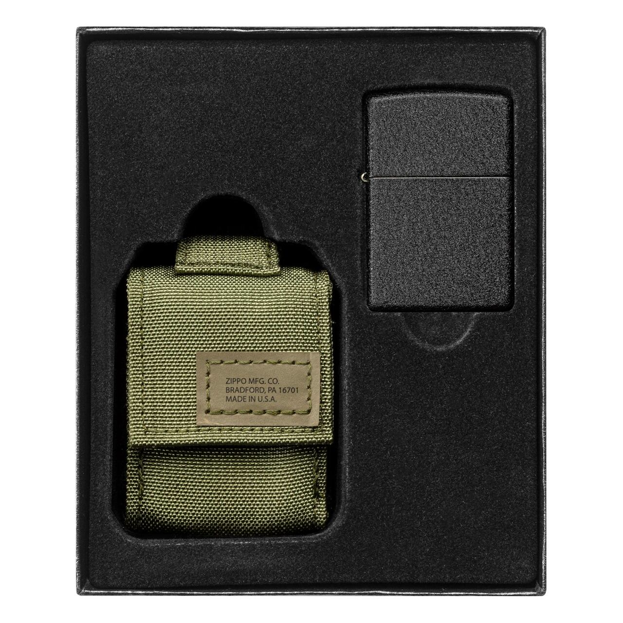 Zippo Black Crackle Windproof Lighter And Green Tactical Pouch Gift Set