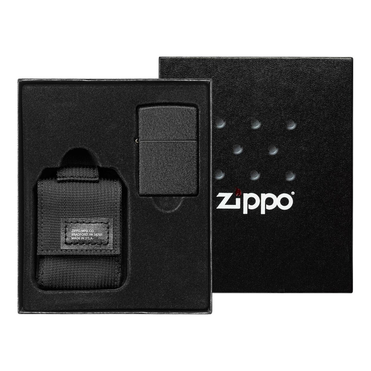 ZIPPO Black Crackle Windproof Lighter And Black Tactical Pouch Gift Set