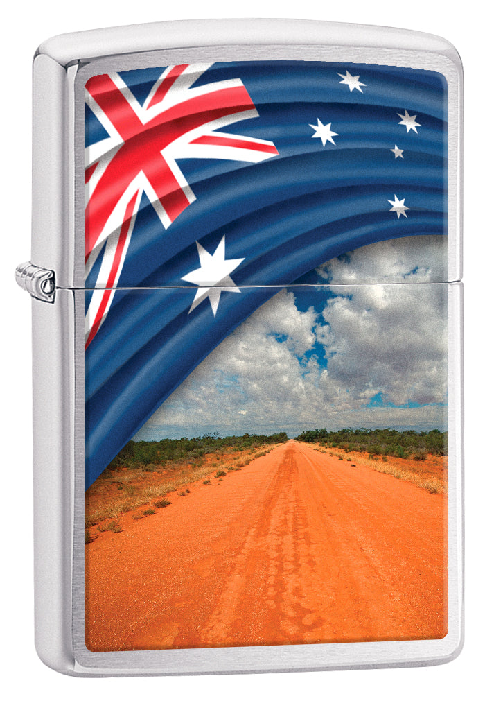 Zippo Windproof Lighter Australian Flag & Landscape Long Road High Polish Chrome