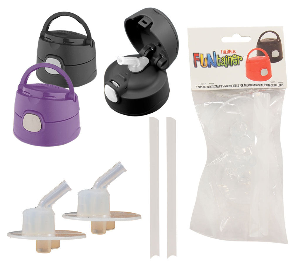 Thermos Funtainer 2 Replacement Straws & Mouthpieces Set for Lids w/ Carry Loop