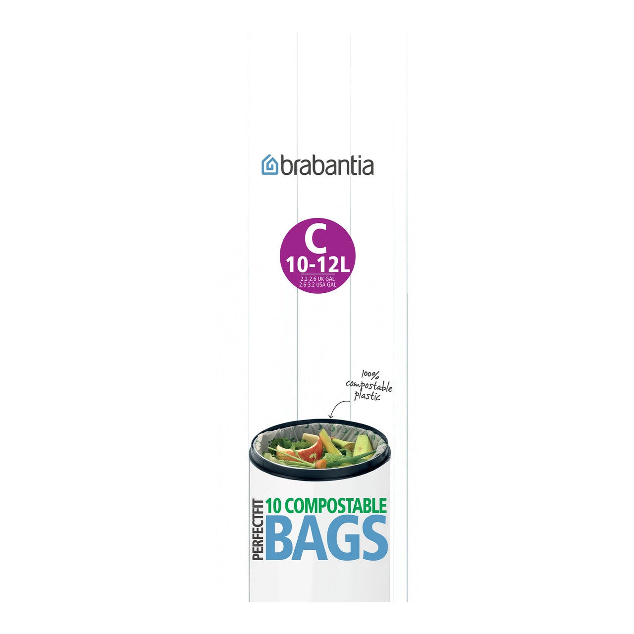 Brabantia Perfect Fit Compostable Bin Liner - Code C (10/12 Litre) 10 Bags Green