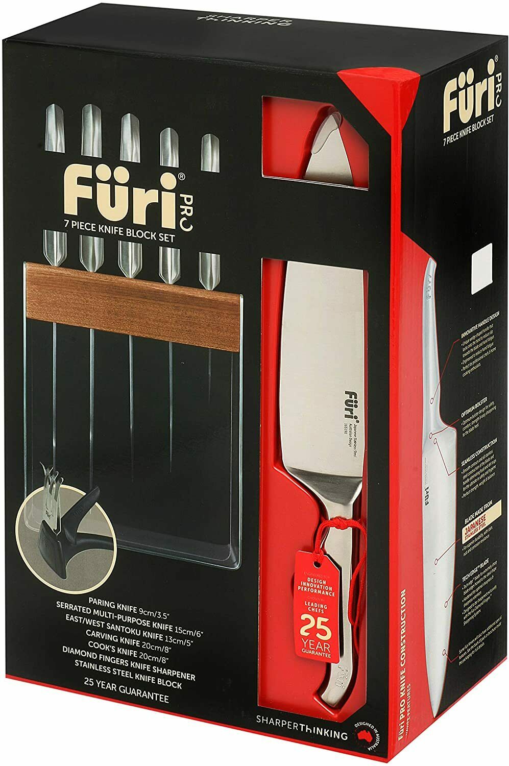 Furi Pro Stainless Steel 7 Piece Knife Block Set with Diamond Sharpener