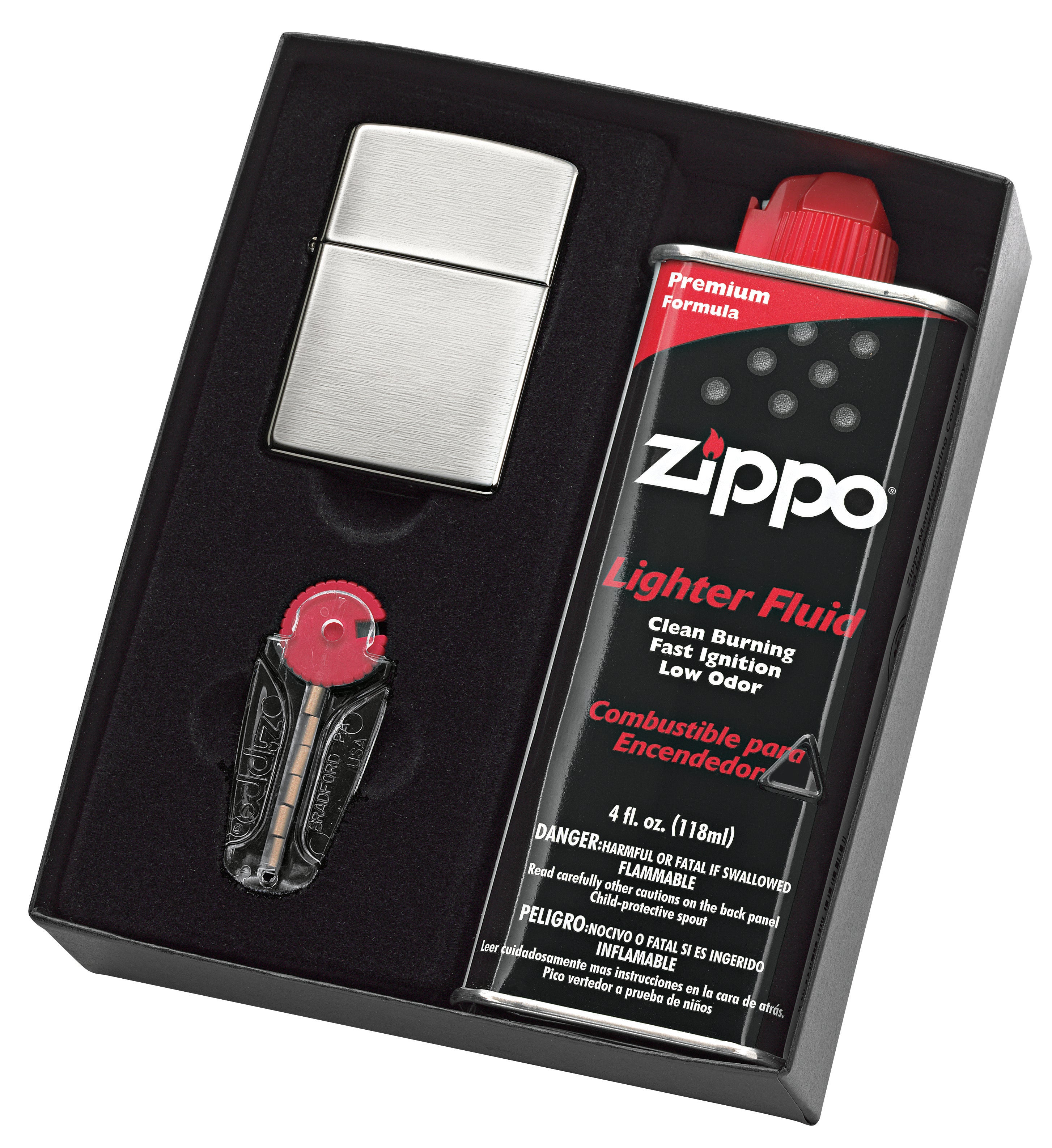 Zippo #200 Brushed Chrome Lighter with 125ml Fluids & Flints Gift Boxed