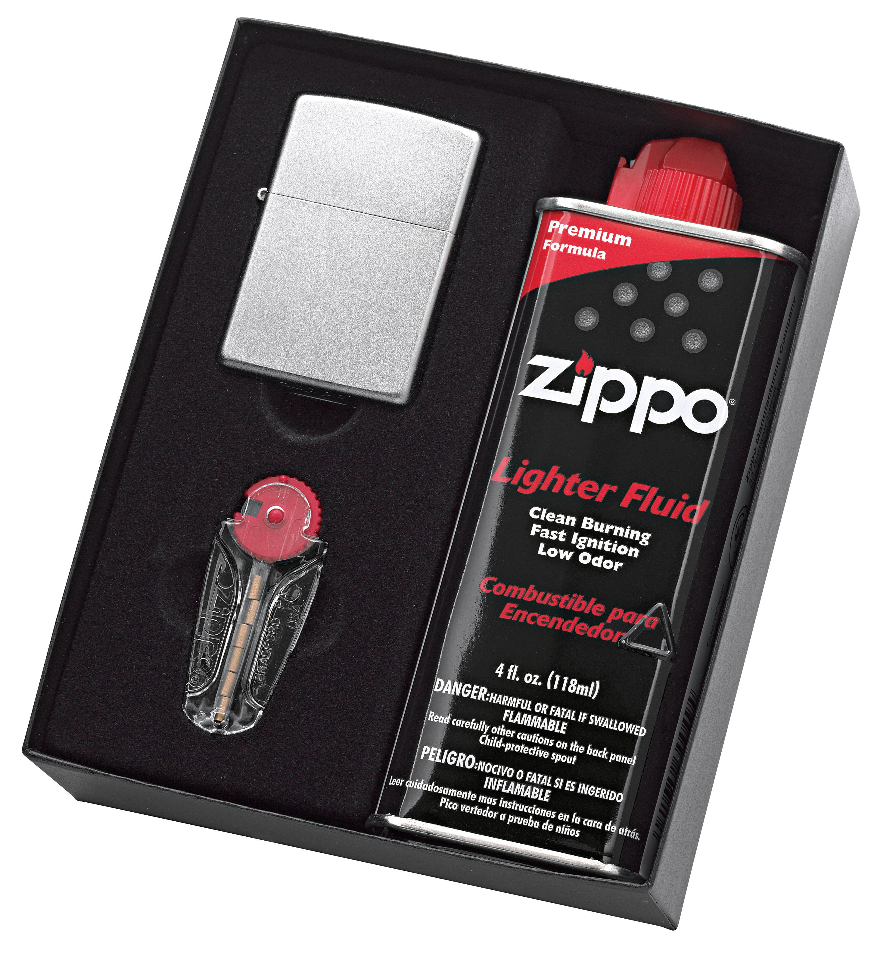 Zippo #205 Satin Chrome Lighter with 125ml Fluids & Flints Gift Boxed