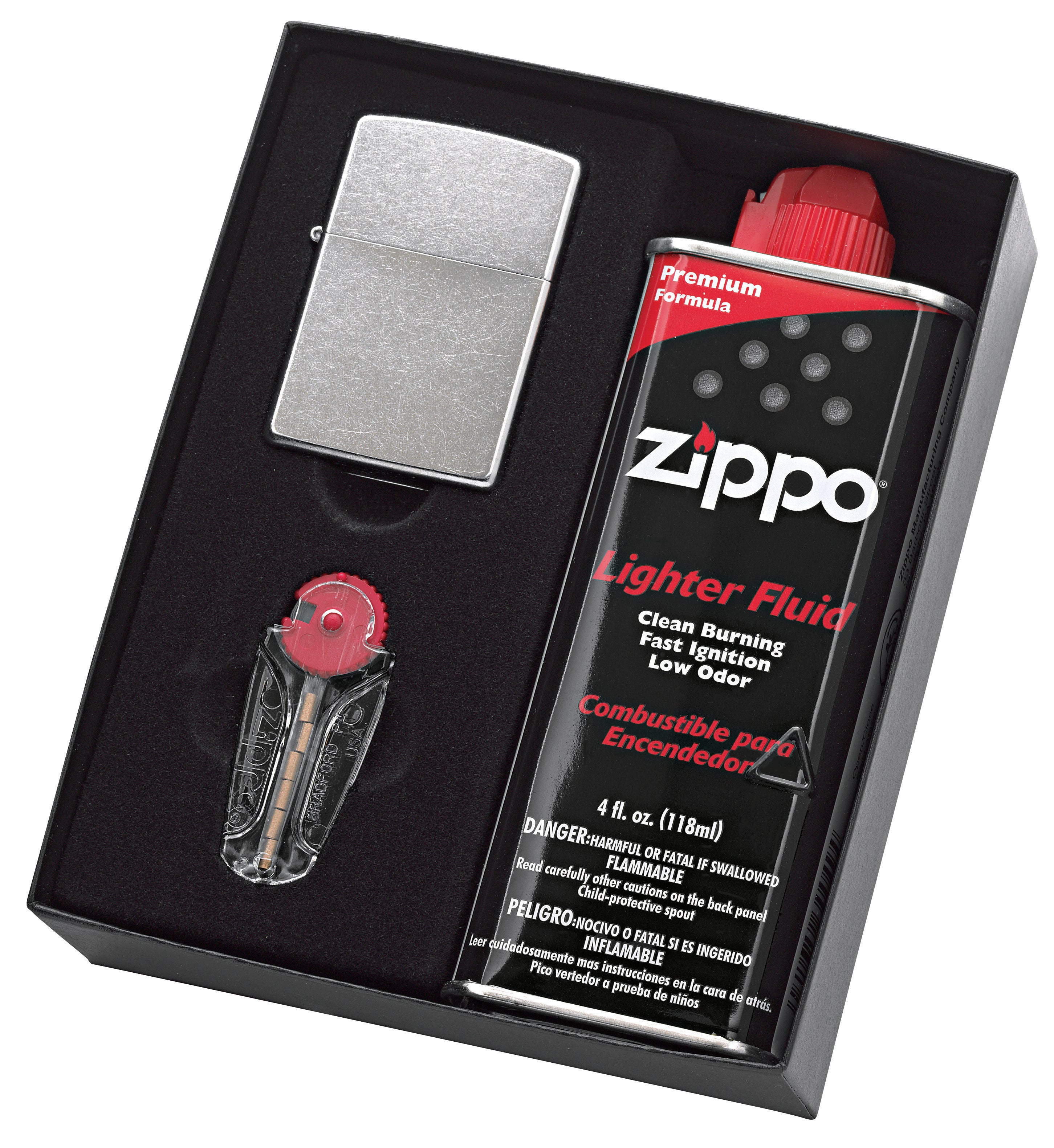 Zippo #207 Street Chrome Lighter with 118ml Fluids & Flints Gift Boxed