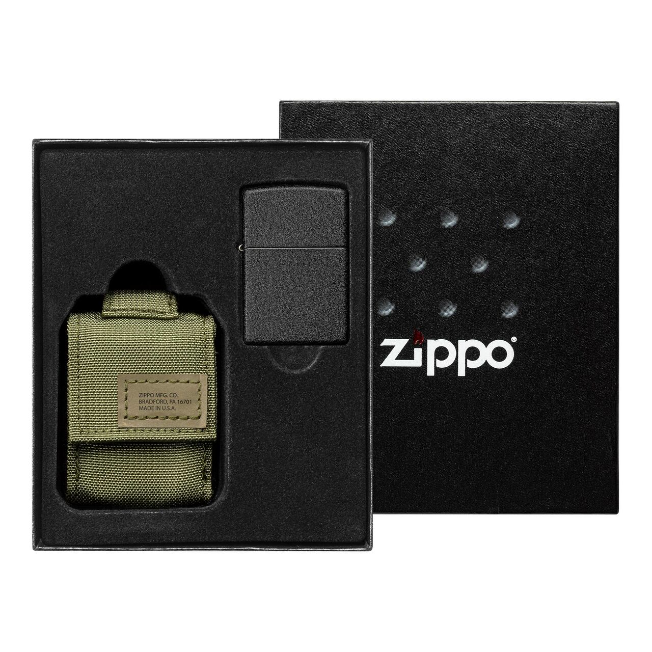 Zippo Black Crackle Windproof Lighter And Green Tactical Pouch Gift Set