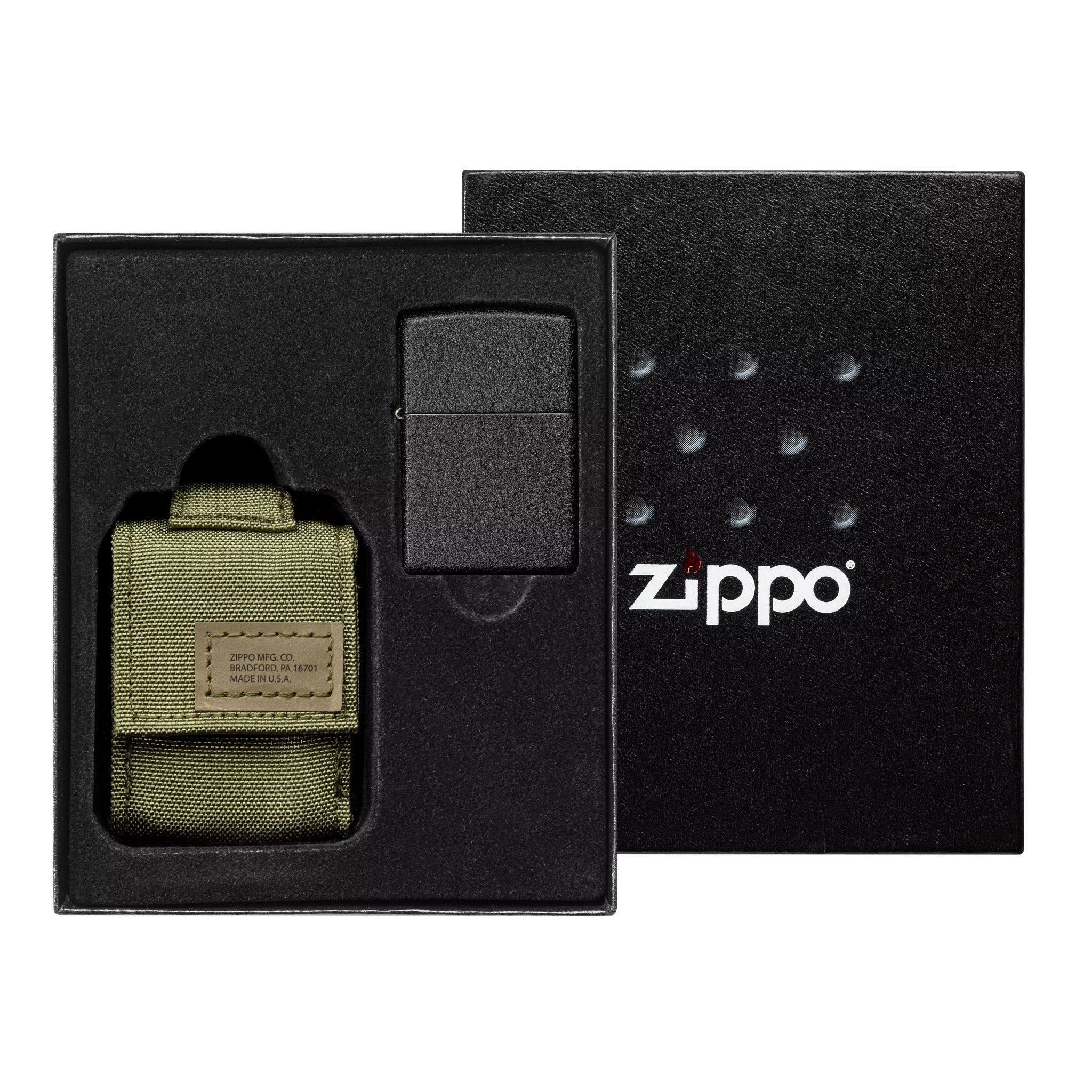Zippo Black Crackle Windproof Lighter And Green Tactical Pouch Gift Set